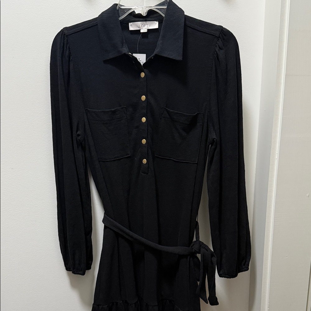 LOFT Black Long Sleeve Dress with Gold Buttons